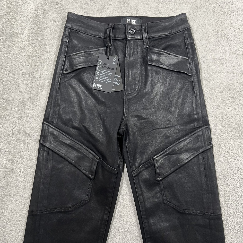 Paige Pants Womens 26 Black Luxe Coating Stella Flap Cargo Pockets Zip Straight - Picture 4 of 14